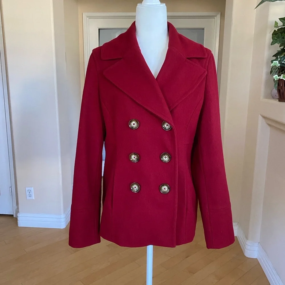 Michael Kors Wool Blend Double Breasted Burgandy Red Pea Coat with Logo Buttons